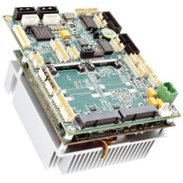 SBC-477 PowerTier(TR) Series rugged single board computer shown with heat sink and fan - oblique view - WINSYSTEMS