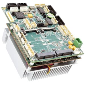 SBC-477 PowerTier™ Series rugged single board computer shown with heat sink and fan - oblique view - WINSYSTEMS