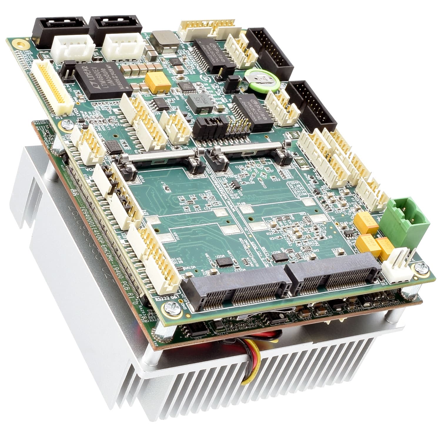 SBC-477 PowerTier(TR) Series rugged single board computer shown with heat sink and fan - oblique view - WINSYSTEMS