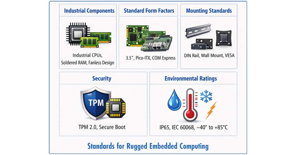 Infographic showing icons and text explanation for industry standards for rugged embedded computers - industrial components, form form factors, mounting standards, TPM 2.0 security, and environmental ratings - WINSYSTEMS