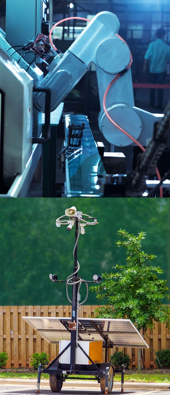 Demanding use cases for rugged industrial PCs. Photos of industrial automation and a mobile security trailer - WINSYSTEMS